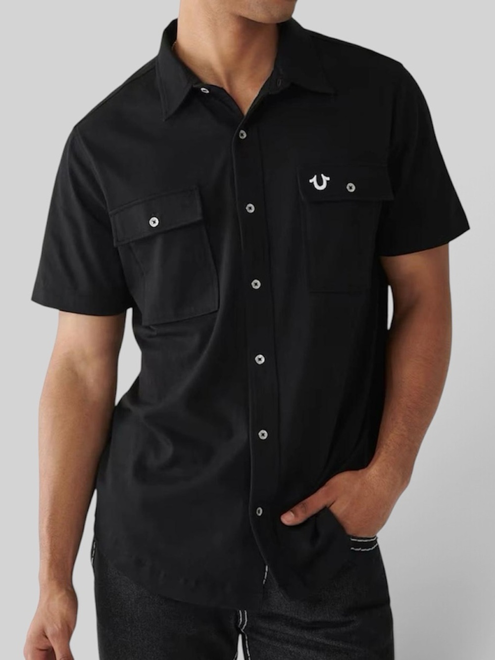 True Religion Men's Black Triple Needle Knit Button-Up Utility Shirt Size XL
